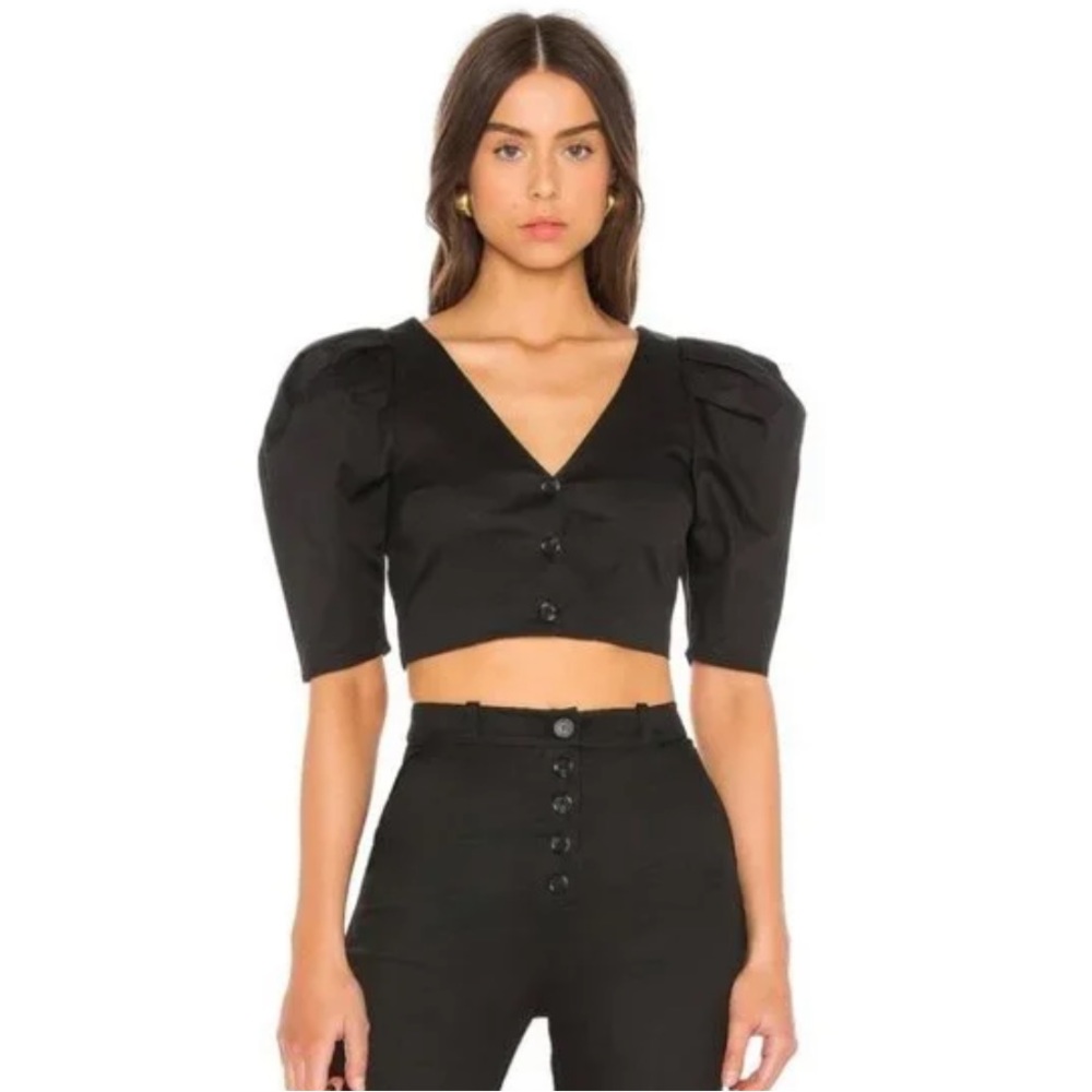 Revolve Song Of Style Loren Cropped Puff Sleeve Blouse Top Black Size Small